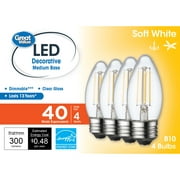 Great Value LED Light Bulb, 4 Watts (40W Equivalent) B10 Deco Lamp E26 Medium Base, Dimmable, Soft White, 4-Pack