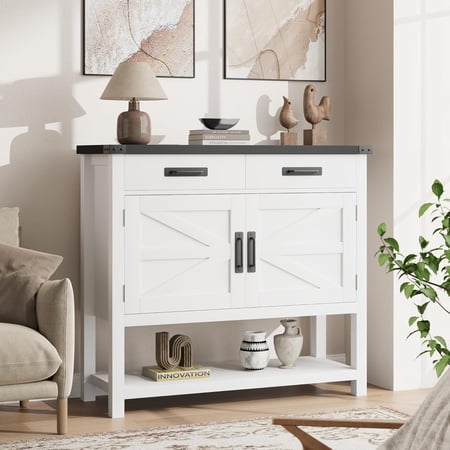 Farmhouse Console Table with 2-Door & 2 Drawers Wood Coffee Bar Cabinet Sofa Table Entryway Table with 2 Storage Cabinets Farmhouse Buffet Sideboard for Kitchen Living Room 36 White