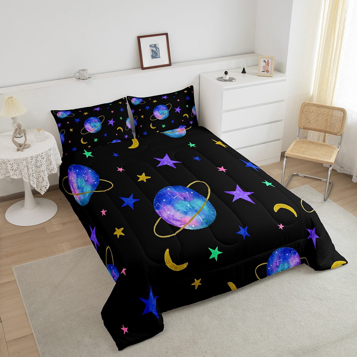 Star Bedding Queen Size Planet Comforter Sets Purple Gradient Bedding Comforter Set Outer Space Universe Themed Duvet Insert Galaxy Starry Sky Decor Quilt 3 Pcs with 2 Pillowcases