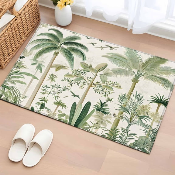 Green Palm Tree Bathroom Rug Washable 2x3 Entryway Rug Non Slip Summer Beach Cactus Front Door Mat Low Pile Indoor Doormat Throw Floor Carpet for Kitchen Bedroom Entrance