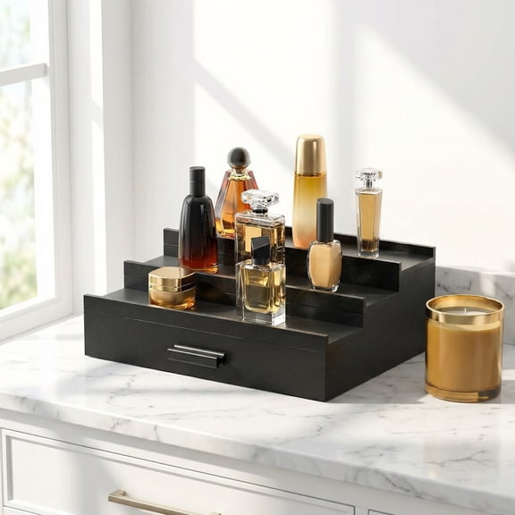 3-Tier Men's Cologne Organizer with Drawer - Perfume Display Shelf & Storage Riser, Black