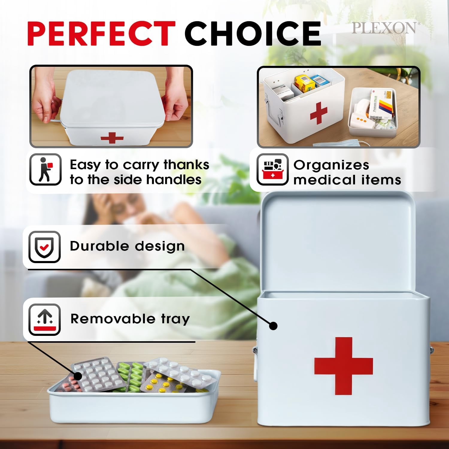 Plexon First Aid Kit, First Aid Supplies Bin, 8.5" Metal Medicine Storage Tin with Lid, First Aid Box Organizer, White