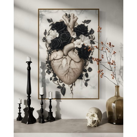 Gothic Anatomical Heart Wall Art, Black Rose Floral Print, Unframed Paper Poster 8x10in