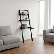 FurniFact Black Leaning Desk, Ladder Design, Computer Table, Two Storage Shelves