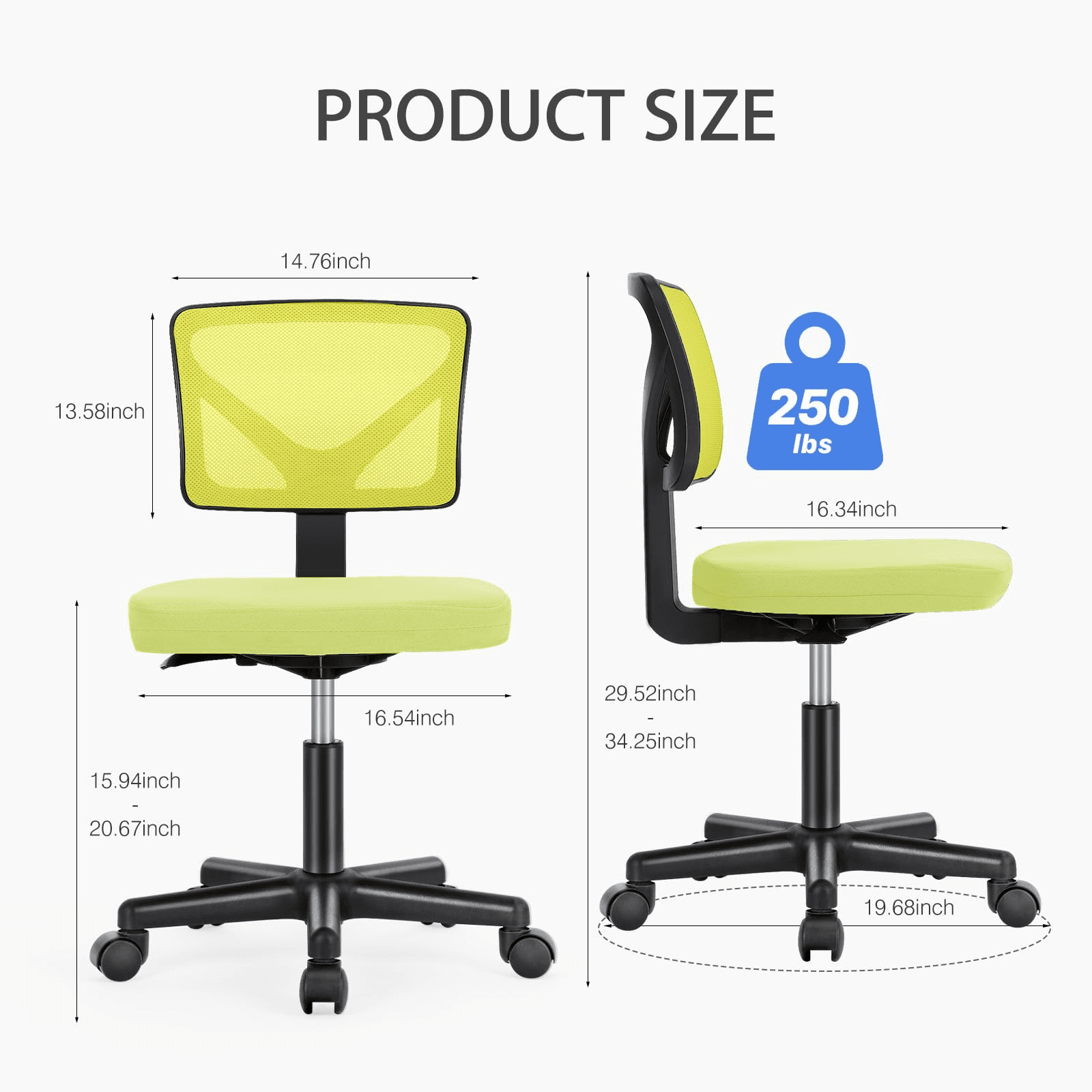 Kelno Small Desk Chair with Wheels Armless Low-Back Office Chair Ergonomic Adjustable Computer Desk Chair with Lumbar Support,Green
