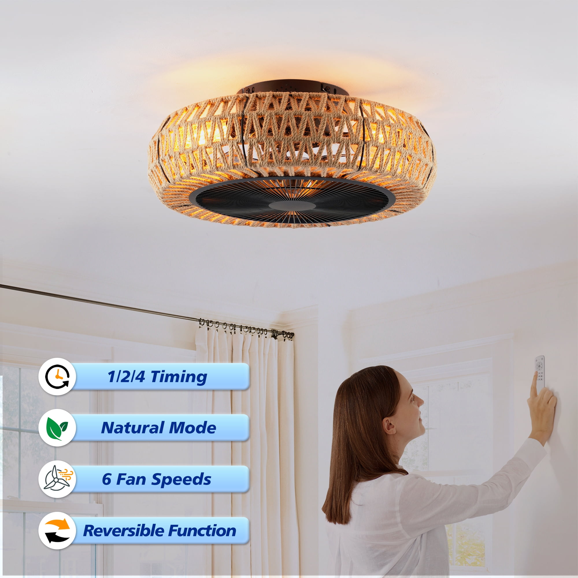 Leumius 20" Vintage Rope Ceiling Fan with Light and Remote ,6 Speed, DC Motor Reversible Ceiling Fan for Living Room Bedroom Dining Room (NOT Included Bulbs)