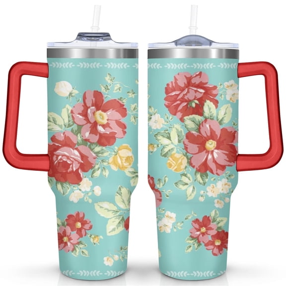 40oz Stainless Steel Tumbler with Lid and Straw, Colorful Flower Double Wall Vacuum Insulated Travel Coffee Mug with Red Handle, Spill Proof Reusable Water Cup, Gift for Women