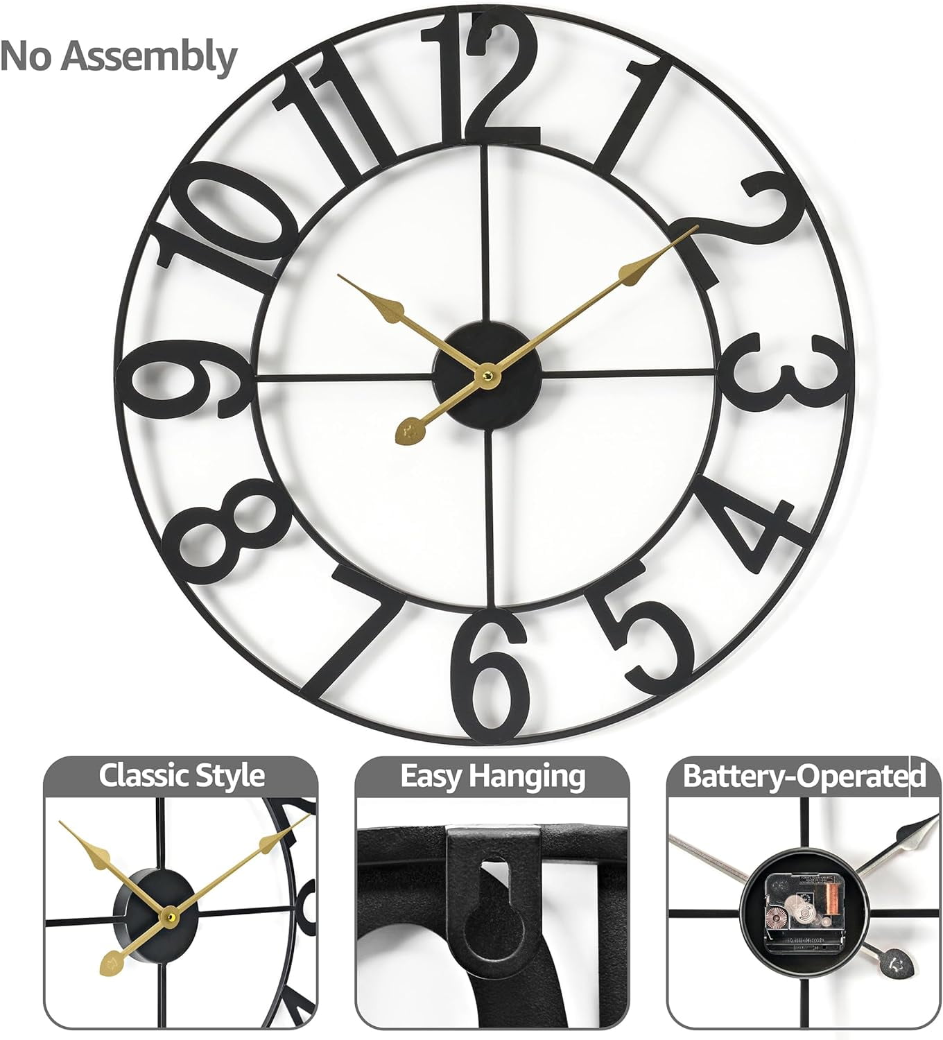 Sorbus Large Metal Numerical Wall Clock for Living Room Decor (Black, 24" Diameter)