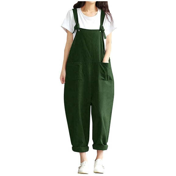 fartey Women Plus Size Cotton Linen Romper Casual Sleeveless Square Neck Relaxed Overalls Pockets Adjustable Strap Solid Color Rompers