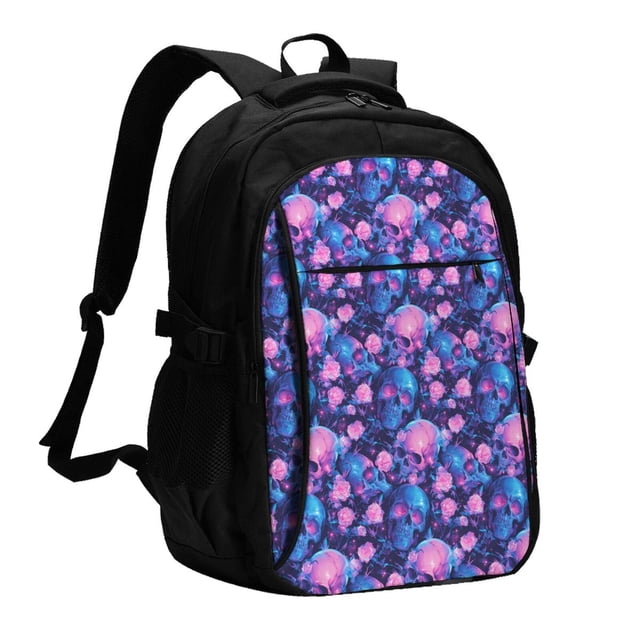 Balery Blue Skull Rose Mochila con carga USB para hombre y mujer - Mochila impermeable y antirrobo para laptop con puerto USB para viajes, trabajo