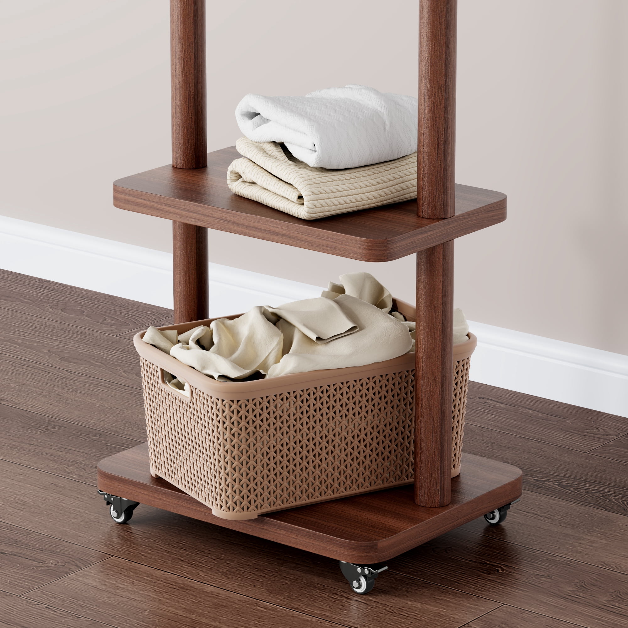 HOQBN 71"H Coat Racks Solid Wood Hanger with Wheel,Easy to Assemble for Bedroom,Hallway,Living Room,Walnut