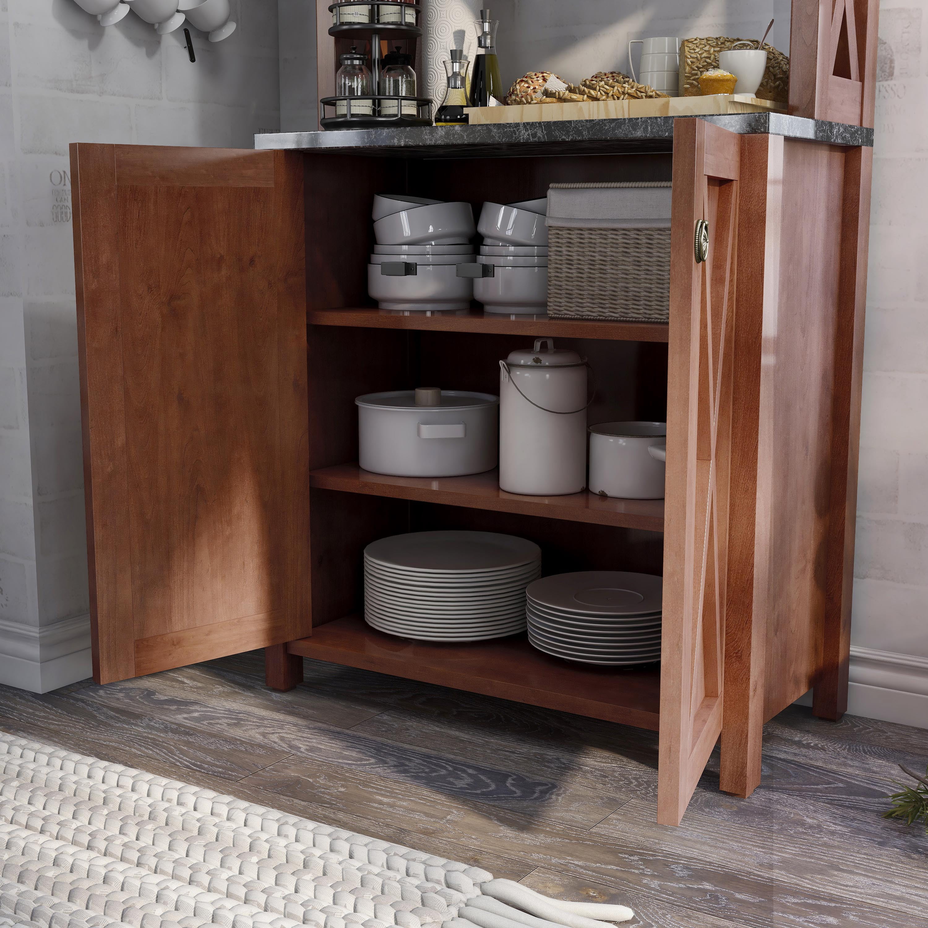 Furniture of America Wilkes Rustic 2-Door Bakers Rack, Vintage Walnut