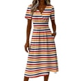 thumbnail image 5 of Laqbezok Casual Striped V-Neck Dress, Trendy Short Sleeve A-Line Midi Dress, Fashion Smocked High Waist Summer Sun Dress, 5 of 6