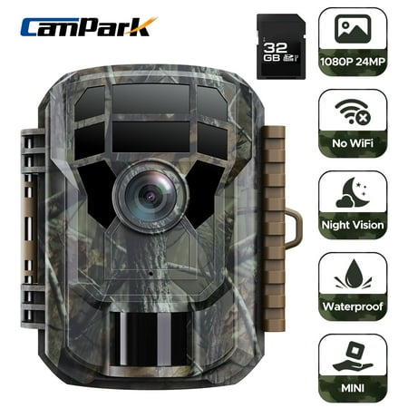 CAMPARK Trail Camera with SD Card 24MP 1080P Game Hunting Camera with Night Vision Waterproof