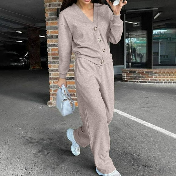 tarylea Plus Size 2 Piece Outfits for Women Long Sleeve Button down V Neck Tops Straight Leg Pants Casual Loose Fall Comfy Lounge Set