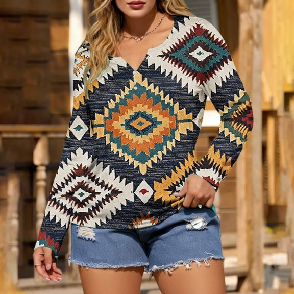 NTACZA Womens Summer Tops Aztec V Neck Cowgirl T-Shirt Retro Long Sleeve Country Shirts for Women Trendy L