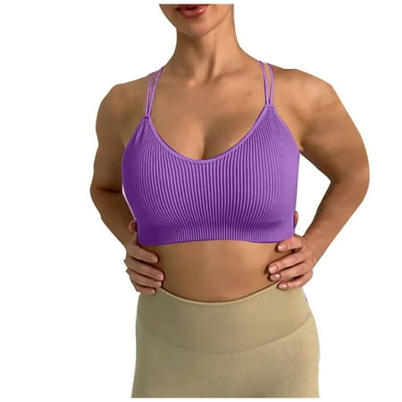 Push Up Sports Bras for Women Cross Back Ribbed Backless Bralette Wirefree Full Coverage Yoga Running Bra  Purple  L