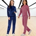 thumbnail image 3 of Velour Tracksuit Womens 2 Piece Jogging Outfits Long Sleeve Zipper Crop Top Sweatpant Jogger Sweatsuit Workout Sets, 3 of 8