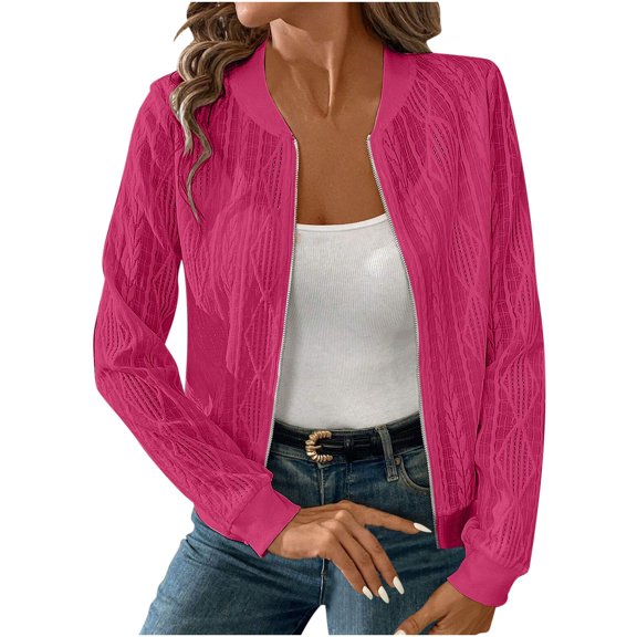 YFNNUP Women Zip Up Knit Bomber Jackets Casual Loose Long Sleeve Crewn Collar Coat Lightweight Knit Hollow Out Short Outwear