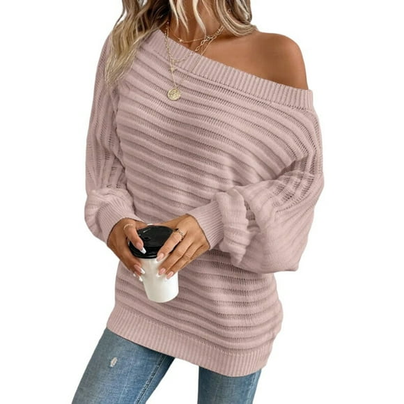 Womens Fall Sweaters Off the Shoulder Batwing Sleeve Textured Knit Tops Oversized One Shoulder Sweater Pink S