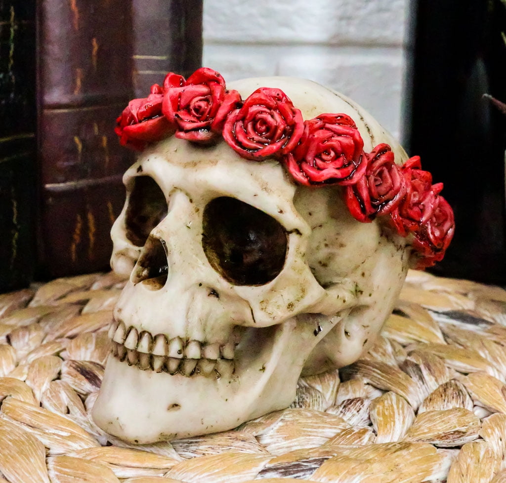 Collectible SKULL HOLDING ROSE IN TEETH Handpainted Resin Statue SKULLS LOVER 