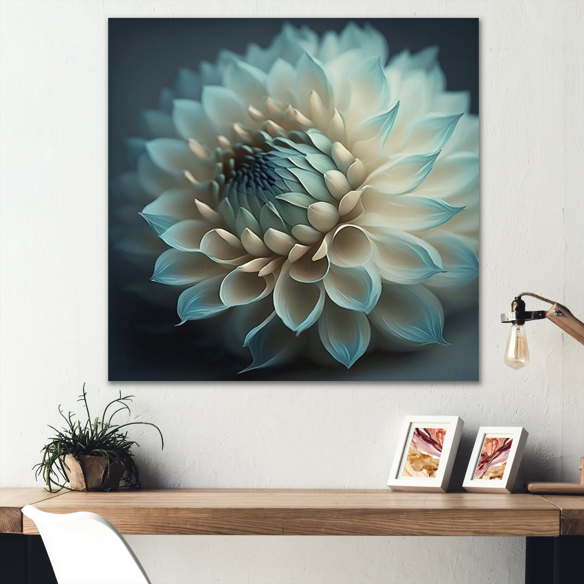 Designart Blue And White Dahlia Flowers V Canvas Wall Art