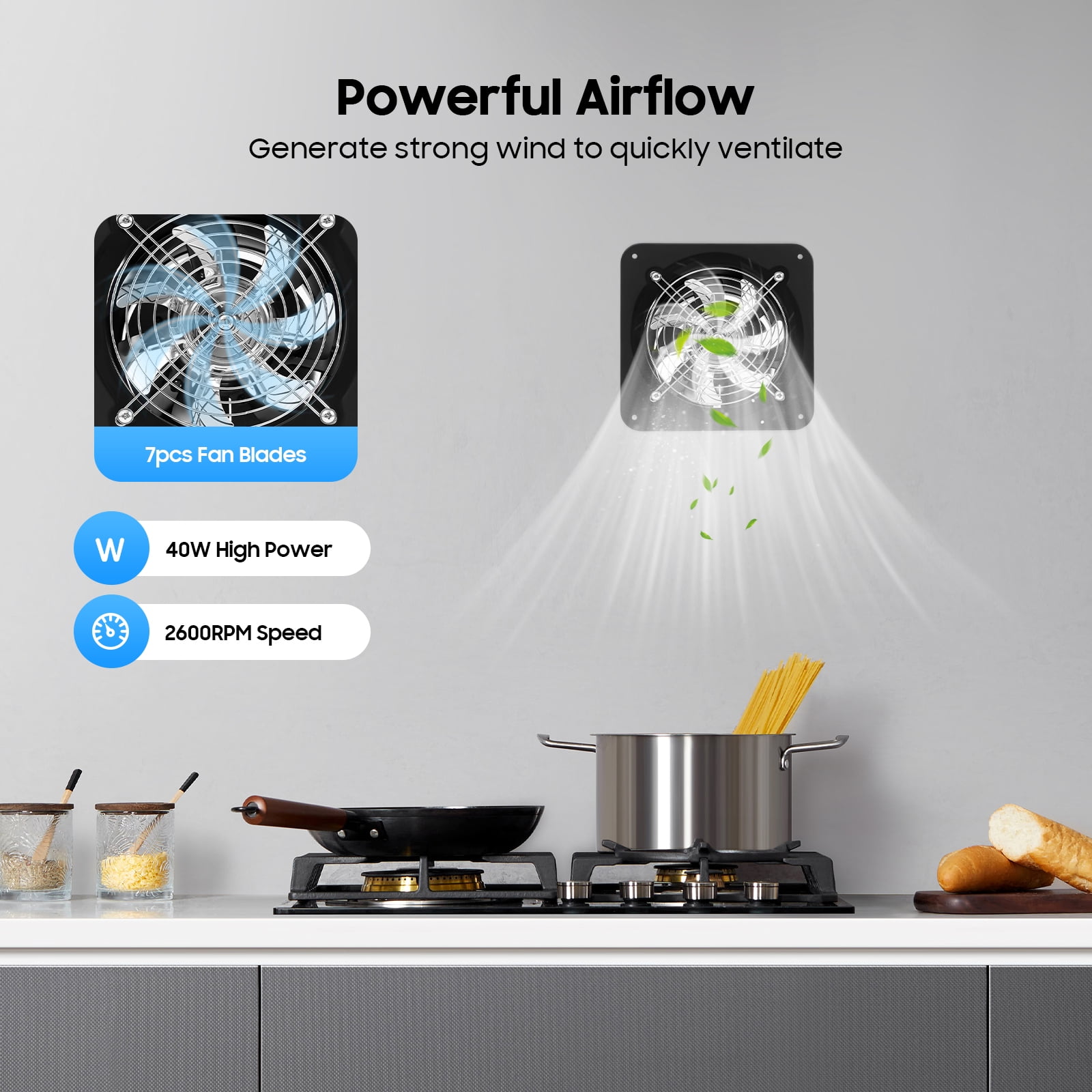40W High-Power Exhaust Fan for Kitchen & Bathroom, 6" Window/Wall Mounted Ventilation Fan with 2600RPM Copper Motor, Low-Noise Air Extractor with 7 Blades