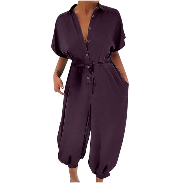 Fridja Woman's Solid Color Short Sleeve Button Rompers Trousers Casual Fashion