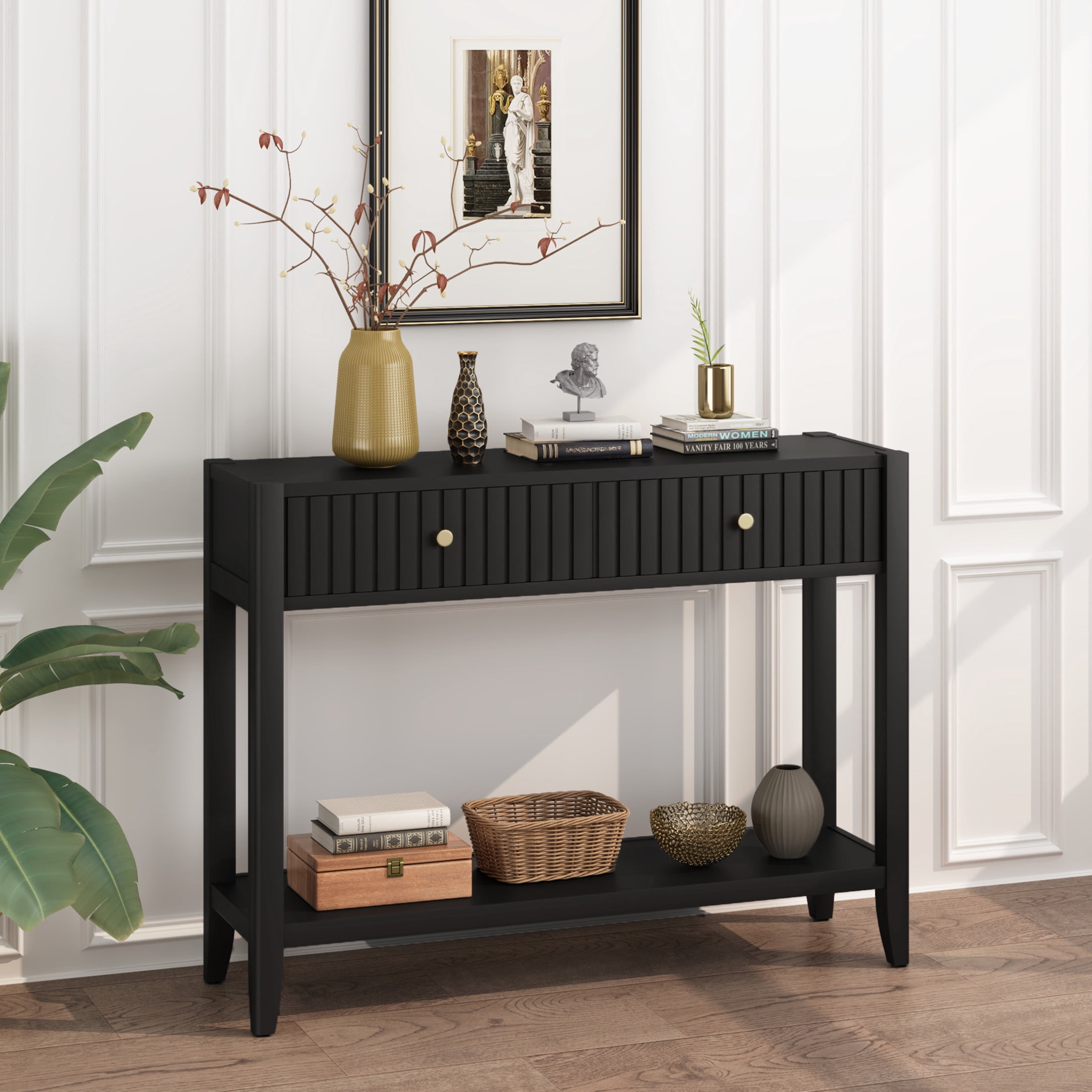 Noble House Narrow Wooden Console Table, Entryway Accent Sofa Table with Hidden Drawers and Storage Shelf, Black