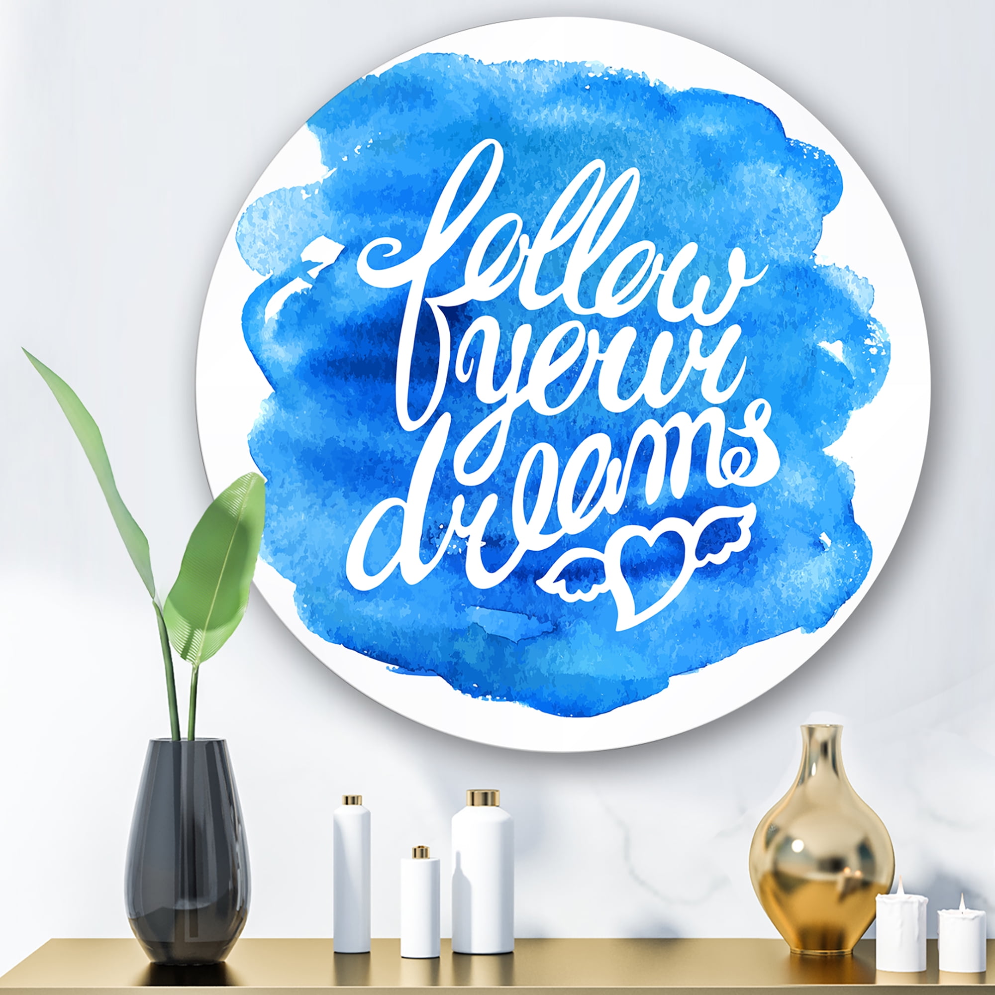 Designart 'Follow Your Dreams On Blue I' Modern Circle Metal Wall Art 11x11 - Disc of 11