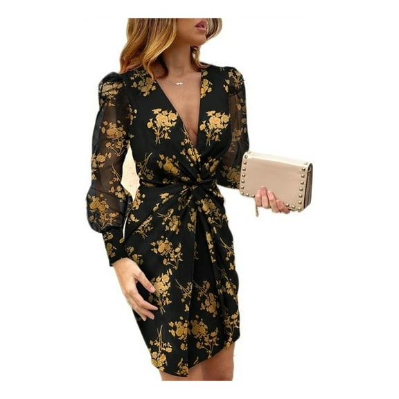 V-Neck Printed Long Sleeve Knit Dress