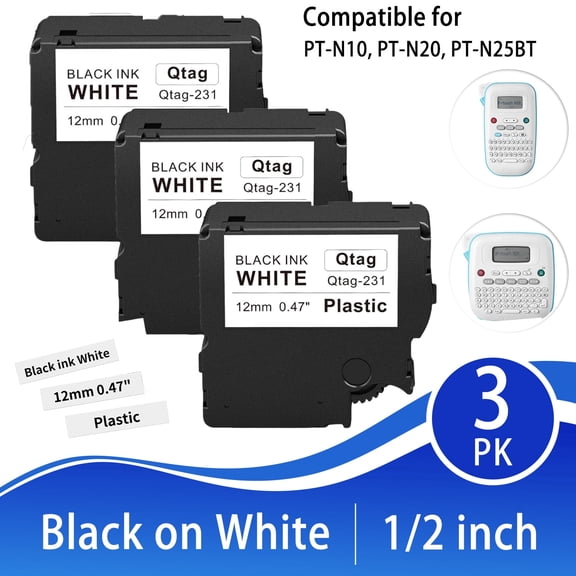 Markfiled 3-Pack Compatible with Btag Label Tape Btag 231, Black on White 12mm 0.47 Inch x 4m Laminated Refill for Brother P-Touch PT-N10 PT-N20 PT-N25BT B-tag Label Maker, 1/2 in x 13.1ft