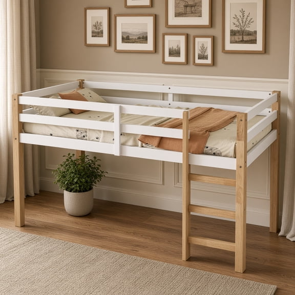 Full Size Rubber Wood Loft Bed with Ladder, Low Height and Guardrails, Natural White