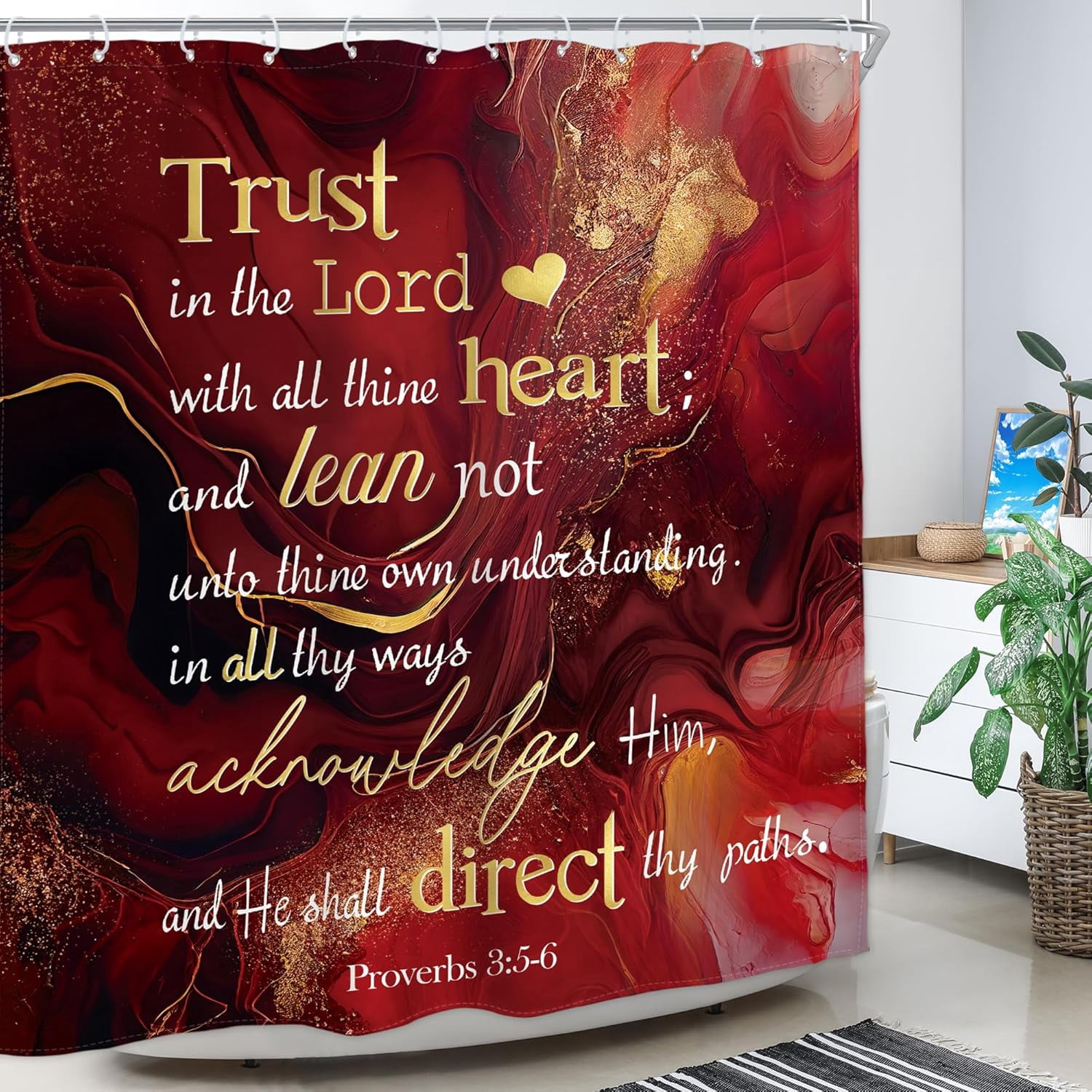 Burgundy Red Marble Bible Verse Shower Curtain Scripture Inspirational Quotes Abstract Modern Ombre Luxury Golden Cracked Lines Waterproof Polyester Fabric Bathroom Bathtub