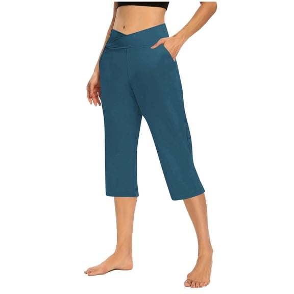 LEKWK Capri Yoga Pants for Women Wide Leg Side Pockets Loose Fit Trouser Style Yoga Pants Casual Lounge Capri Leggings Soft Summer Athletic Bottoms
