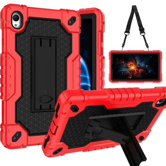 FIEWESEY Case for Onn 7 inch Tablet Gen 4 2024 Case Slim Heavy Duty Built in Stand Hard Back Shell Protective Case with Shoulder Strap for Onn 7 2024 Model:100135924 Tablet (Red/Black)