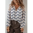thumbnail image 5 of Women's Blue Lace Patchwork Floral Bubble Sleeve Blouse with V Split Neck | [ZhiHiMeRi] | L, 5 of 5