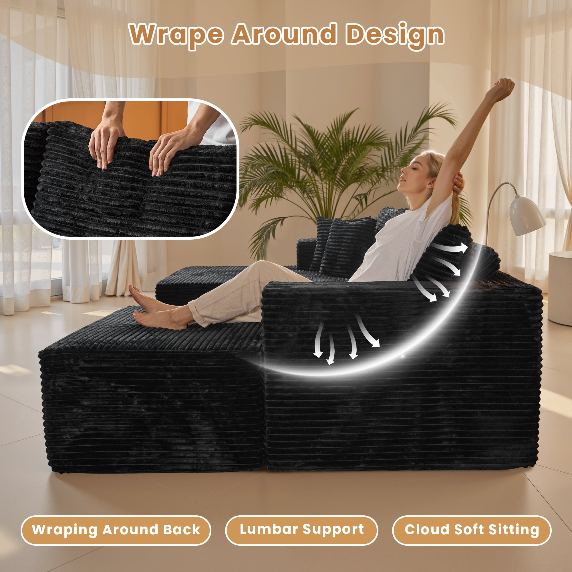 Toject 108" Modular Sectional Sofa, Modern Cloud Couch with Ottoman, No Assembly Required, U-shaped Sofa for Living Room, Black