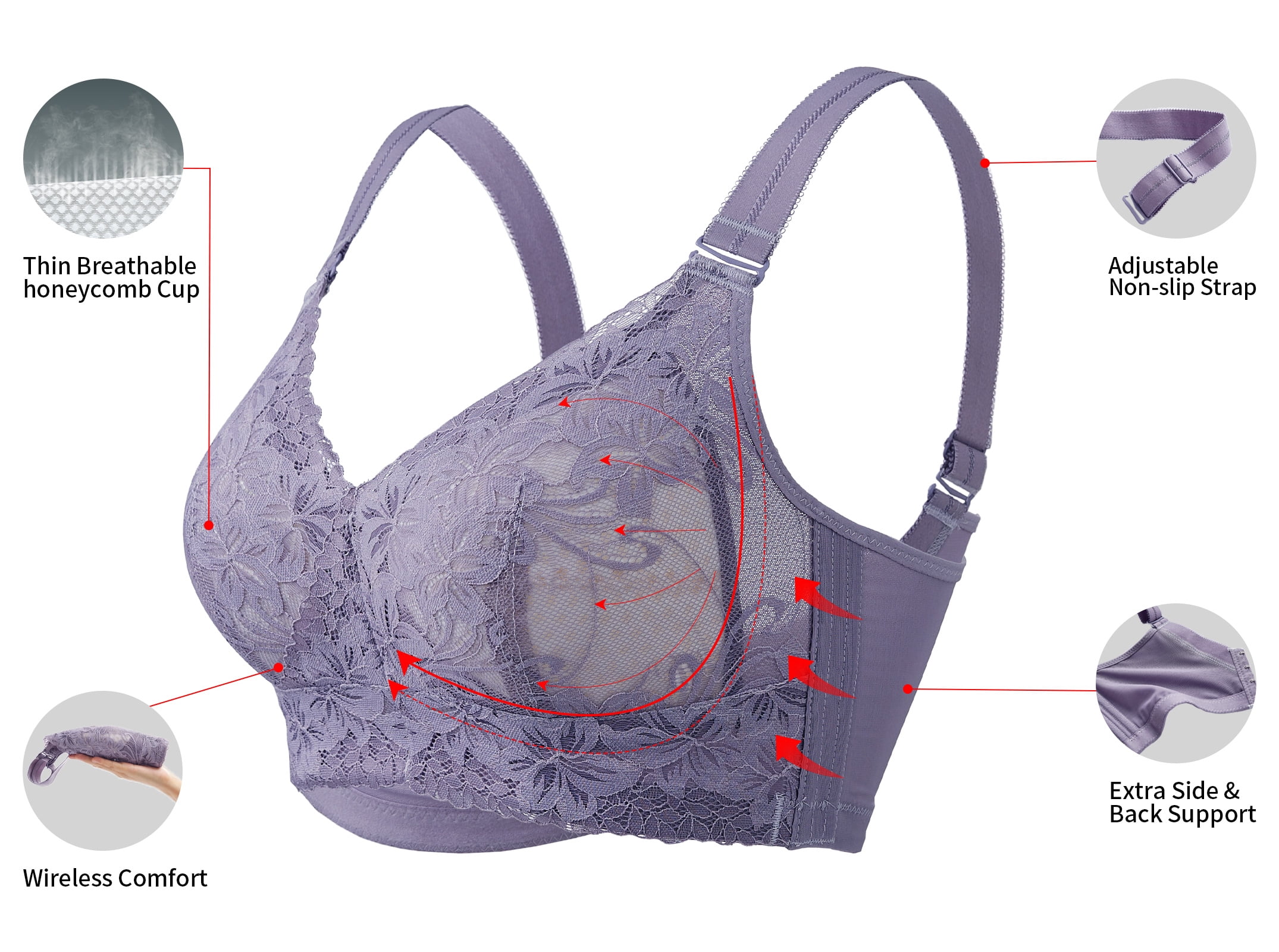 AILIVIN Women Wireless Bras Comfort Back Support Women Full Figure Lace Bra Women Bras Adjustable Wider Straps Full Coverage Lifting Up Bra Minimizer Bras No Wire Bra Purple 38D