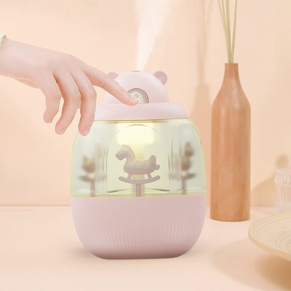 Uandlove Small Humidifiers for Bedroom Mini Humidifiers Cute Micrometer Mist Humidifier With Light Carousel Music Box For Office Home Desk Pink