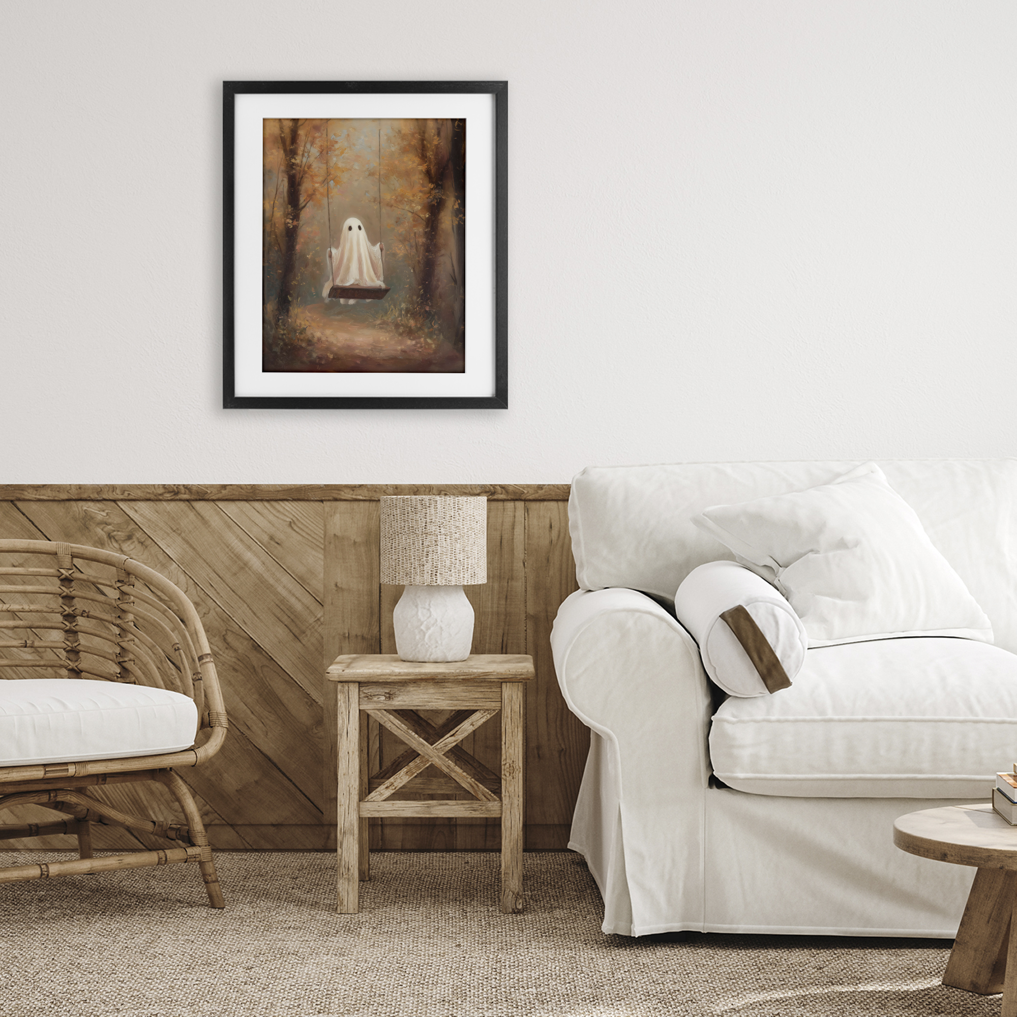 Eerie Swinging Ghost Black Framed Print Under Glass, design by Arlington Prints