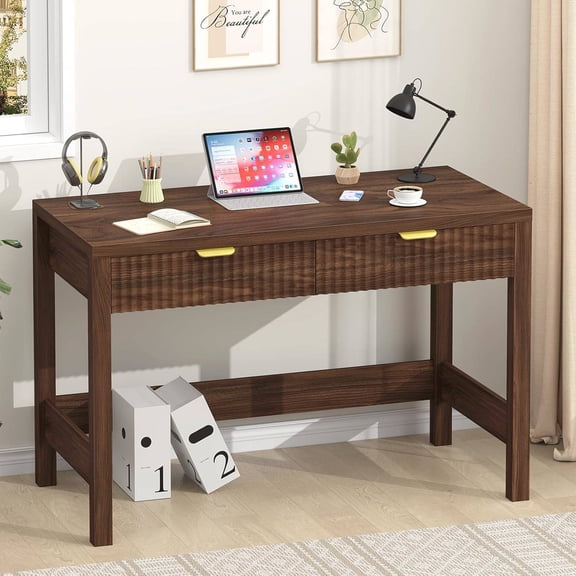 Fluted Computer Desk with 2 Drawers, 39 Inch Small Writing Study Desk for Small Spaces, Walnut Finish
