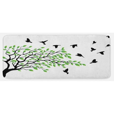 

Birds Kitchen Mat Spring Tree Silhouette of Flyind Animal Wind Liberty Peace Design Living Plush Decorative Kitchen Mat with Non Slip Backing 47 X 19 Green Black White by Ambesonne