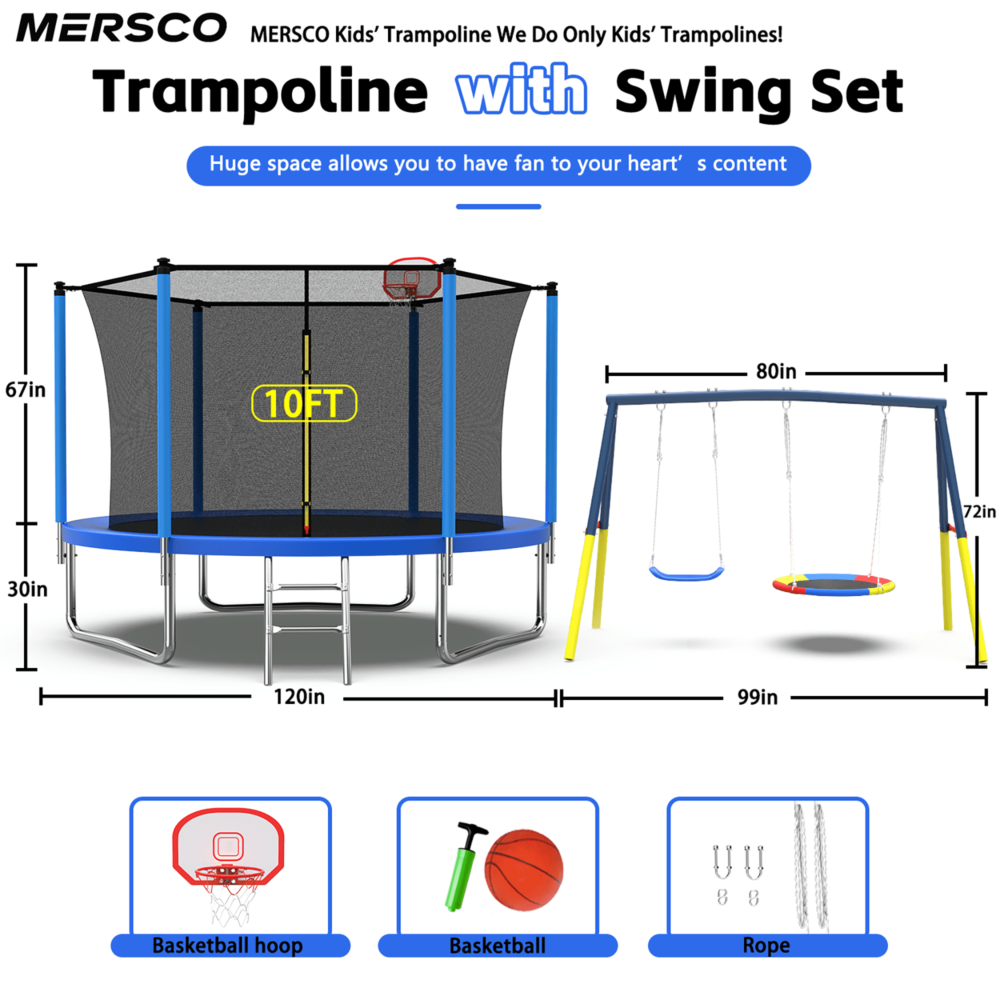 Mersco 10FT Heavy Duty Trampoline with Enclosure Net , Swing Set Outdoor Big Trampoline for Backyard,Kids Trampoline with Basketball Hoop,Birthday and Holiday Gifts for Kids,Blue