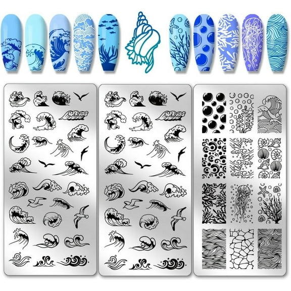 3pcs Waves Nail Art Templates 62 Patterns Bubbles Nail Stamping Plate Ocean Sea Waves Nail Art Stencils Stainless Steel Nail Image Plates for Nail Design Print Manicure Salon diy