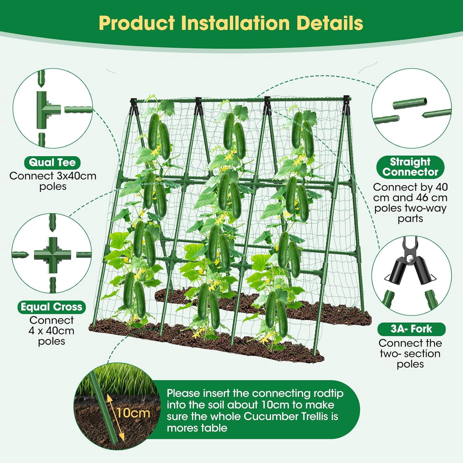 51" x 53" Cucumber Trellis for Raised Bed, A-Frame Garden Trellis for Climbing Plants Outdoor, Rust-Proof Metal Support for Tomato, Peas, Beans, Zucchini & Vines, with Netting & Clips