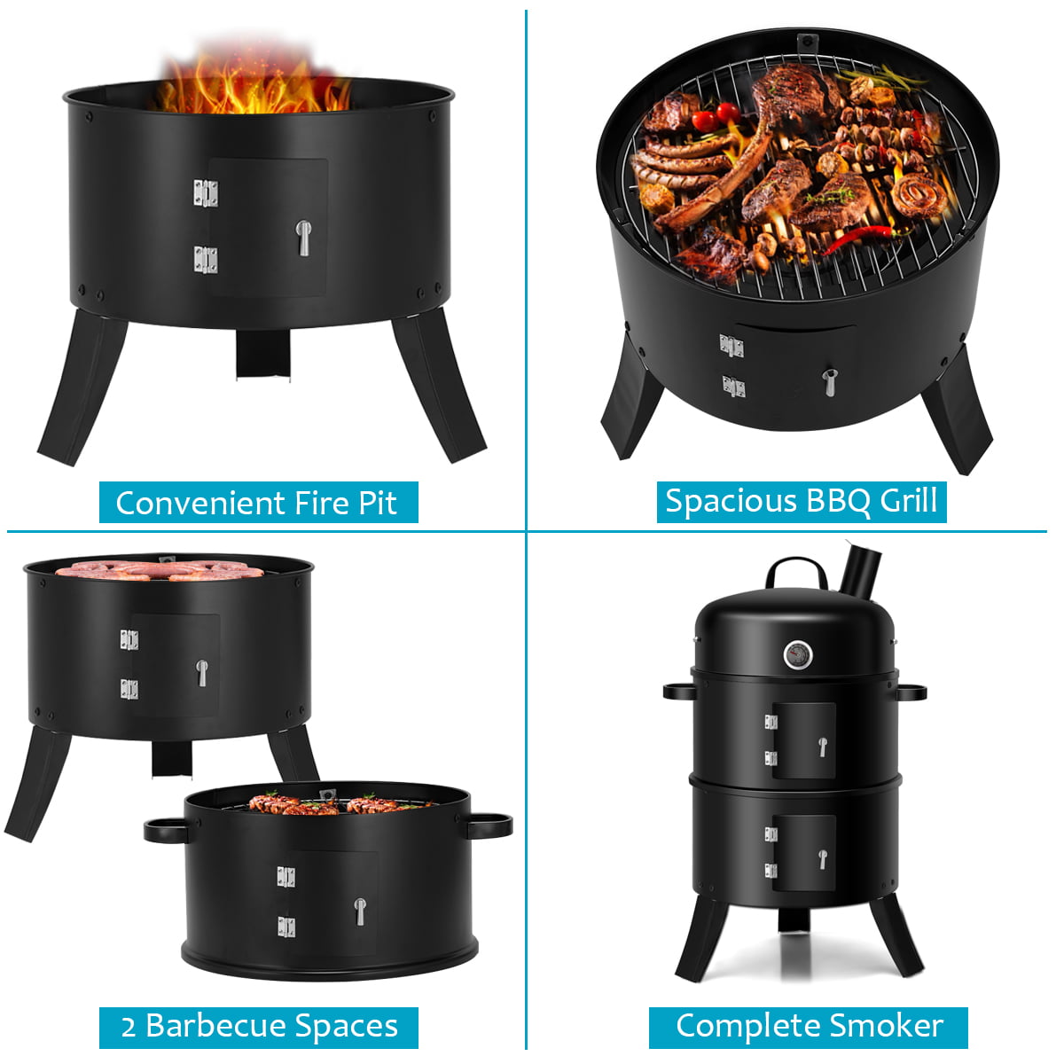 Costway 3-in-1 Portable Round Charcoal Smoker Vertical BBQ Grill 
