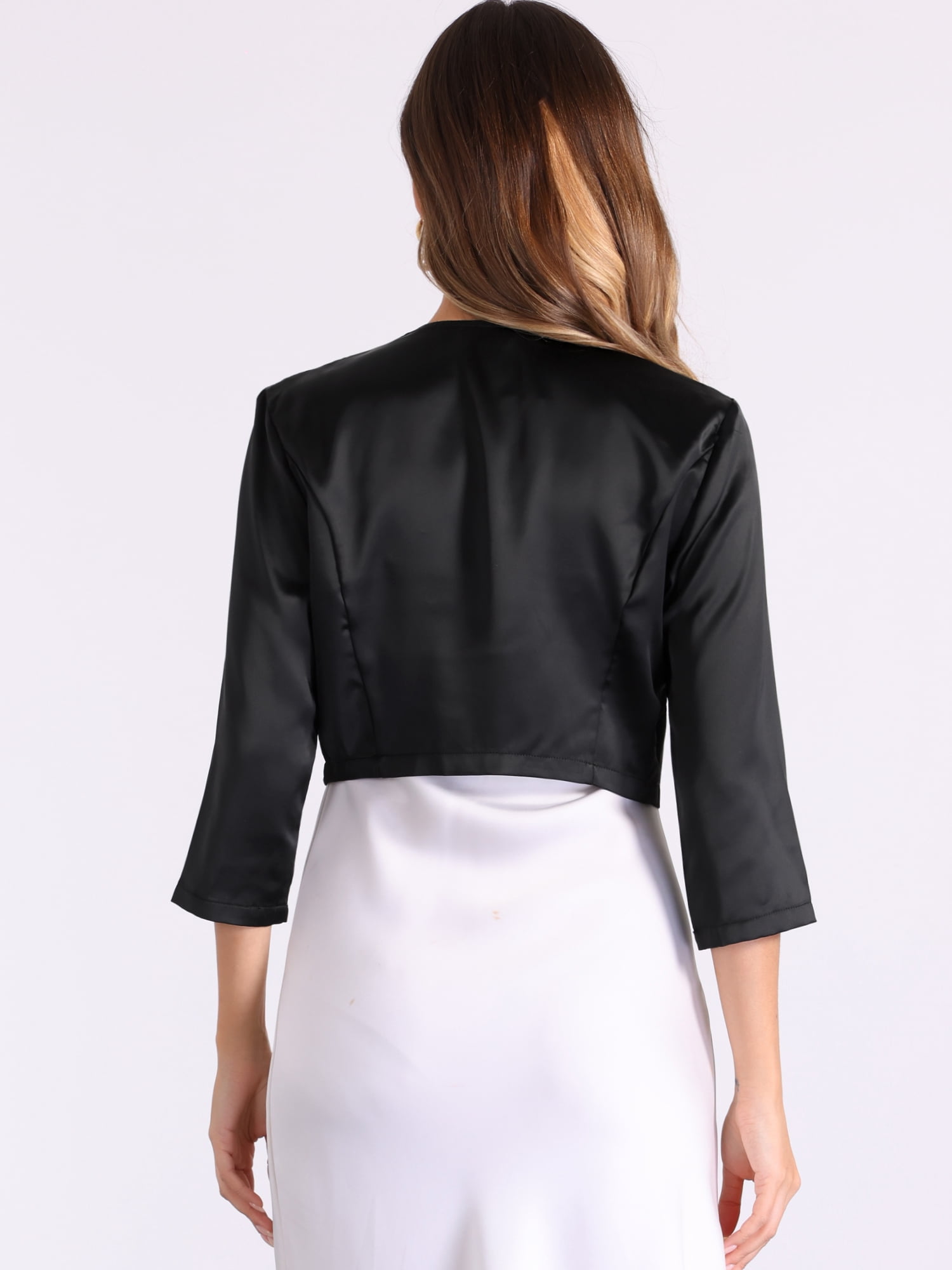 DARING DIVA Women's Satin Cardigan 3/4 Sleeve Cropped Work Bolero Shrug L Black