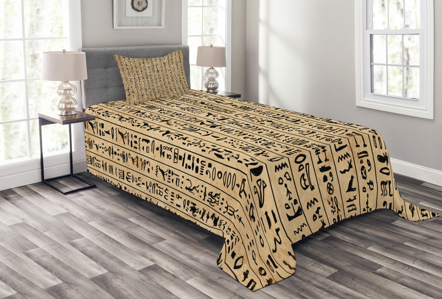 Egyptian Bedspread Set, Ancient Hieroglyphs Grunge Pattern on Stripes