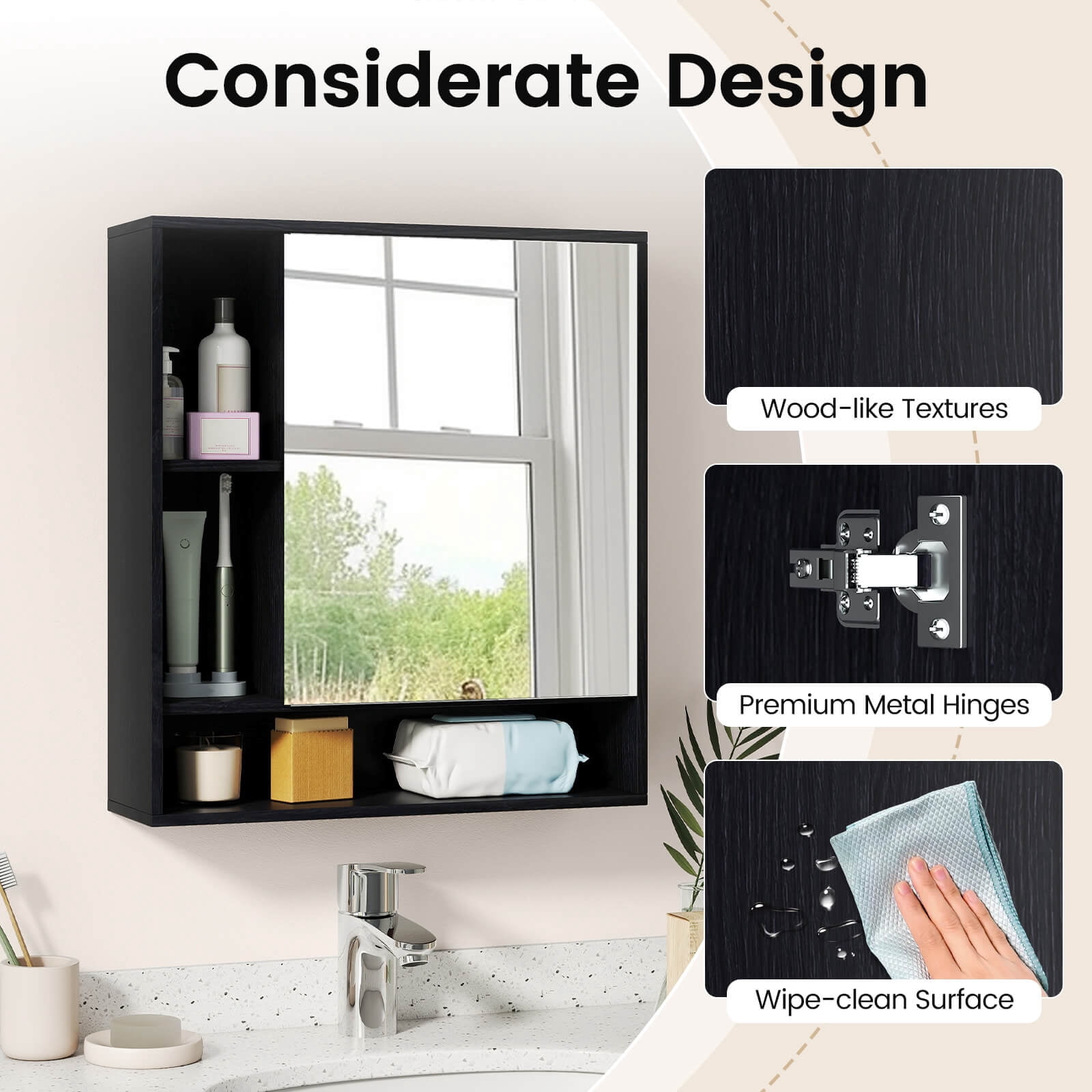 Costway Bathroom Wall Cabinet with Mirror, Single Door, 3 Open Shelves & Adjustable Shelf Black